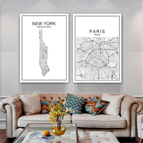 New York Paris Street Map Typography Stretched Modern 2 Piece Abstract Painting Photograph Canvas Print for Room Wall Moulding