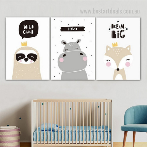 Cute Hippopotamus Cartoon Stars Animal Cheap Nordic 3 Piece Wall Drape Artwork Quotes Photo Framed Stretched Canvas Print