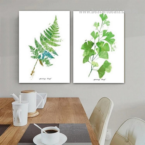 Fern Spring Leaflets Ginkgo Nordic Watercolor Painting Photo 2 Piece Botanical Design Framed Stretched Canvas Print for Room Wall Finery