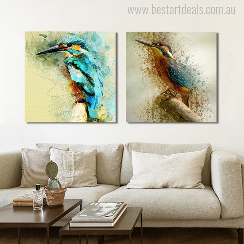 Two Kingfishers Abstract Watercolor Birds Painting Canvas Print for Room Wall Equipment