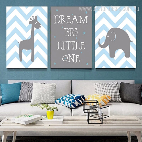 Dream Big Little One Elephant Quotes Nursery 3 Multi Panel Painting Set Animal Photograph Stretched Canvas Print for Home Wall Illumination
