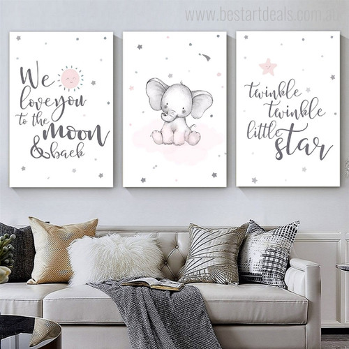 Twinkle Twinkle Little Star Nursery Animal 3 Multi Piece Wall Art Set Typography Photograph Stretched Canvas Print for Room Getup