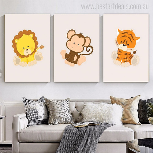 Cute Lion Monkey Tiger Minimalist Animal Photograph Children Nursery 3 Piece Set Stretched Canvas Print for Room Wall Artwork Disposition