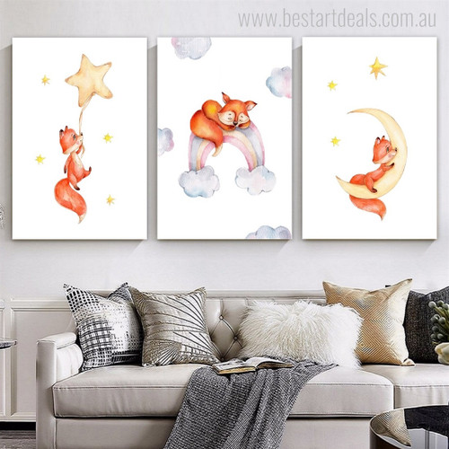 Fox Sit On Moon Rainbow Animal 3 Multi Panel Wall Hanging Set Artwork Image Nature Nursery Stretched Canvas Print for Room Finery