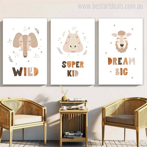 Wild Elephant Mask Hippo Typography Abstract Nursery 3 Multi Panel Painting Set Photograph Animal Print on Stretched Canvas for Wall Hanging Tracery