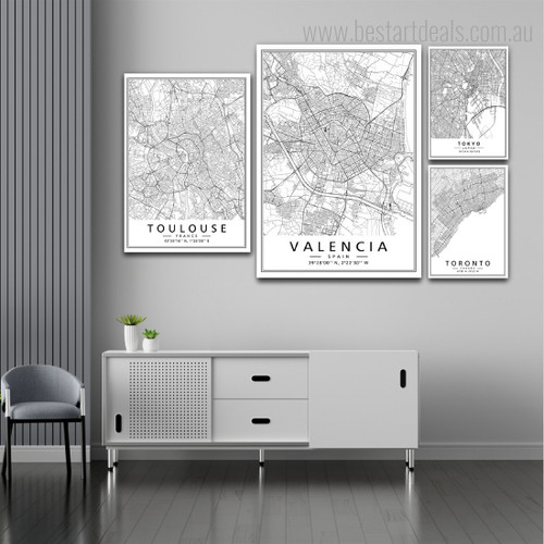 Toulouse Valencia Abstract Modern Photograph 4 Piece Framed Wall Set Map Wrapped Rolled Canvas Print Hanging Artwork Adornment