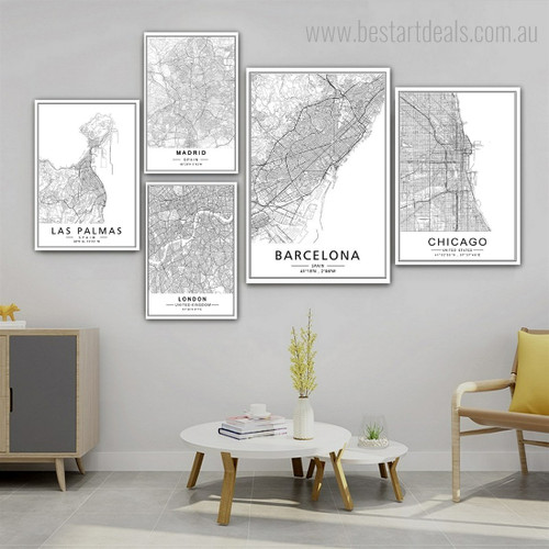 Las Palmas Madrid London Map Abstract Stretched Modern Photograph 5 Piece Canvas Art Prints Set for Room Wall Hanging Finery