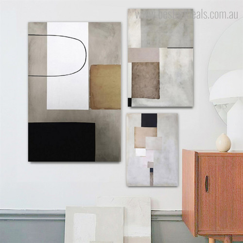 Rectangular Splash Alignment Geometric Vintage Abstract Rolled Photograph 3 Piece Framed Wall Artwork Set Canvas Print for Room Ornamentation