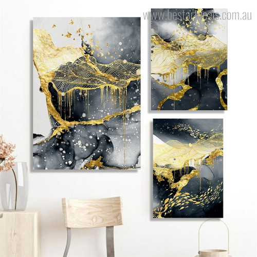 Gold Fish Specks Marble Spots Abstract Modern 3 Piece Framed Wall Art Set Rolled Photograph Canvas Print for Room Moulding
