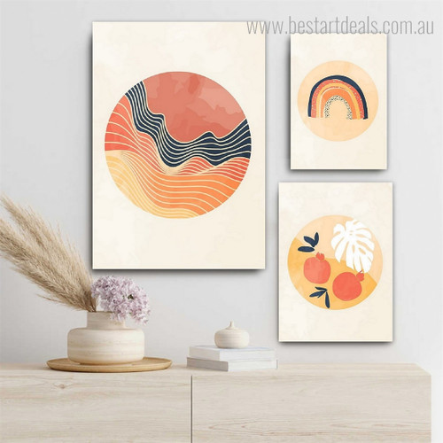 Pomegranate Monstera Leaf Abstract Scandinavian 3 Piece Framed Painting Set Fruit Photograph Print on Canvas for Wall Hanging Arrangement