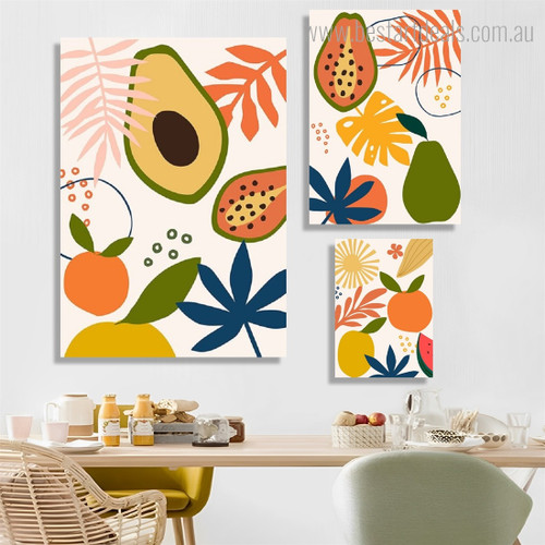 Papaya Pear Leafage Orange Abstract Fruit Photograph Rolled Wrapped 3 Piece Stretched Modern Set Canvas Print for Room Wall Painting Onlay