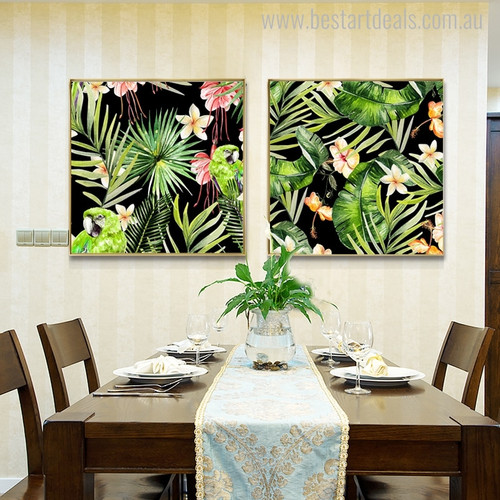 Green Macaw Botanical Bird Modern Painting Canvas Print for Dining Room Wall Outfit