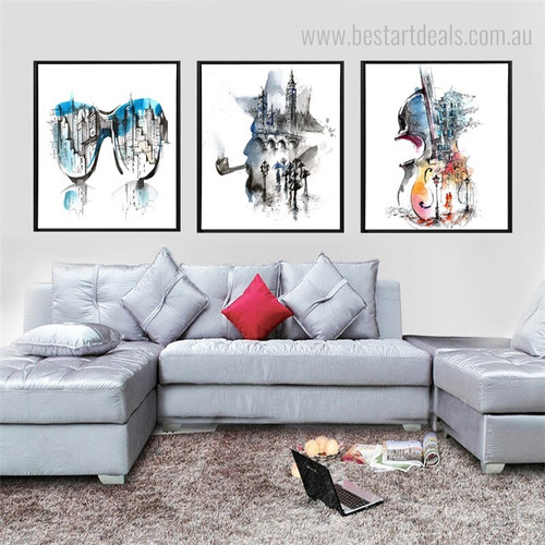 Guitar City Abstract Framed Watercolor Cityscape Painting Picture Canvas Print for Living Room Wall Onlay