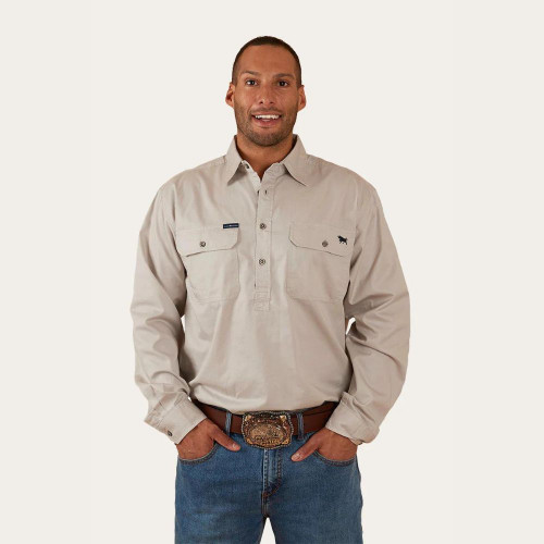 Ringers Western King River Mens Half Button Work Shirt - Beige