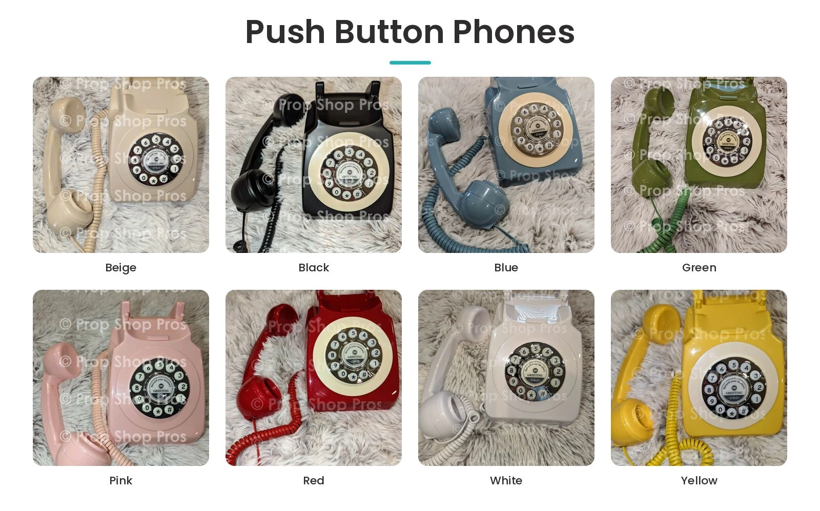 Prop Shop Pros push button audio guest book phones in 8 colors: Beige, Black, Blue, Green, Pink, Red, White, and Yellow.