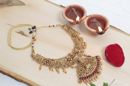 Double Lakshmi Pendant Choker With Intricate Floral Work With Matching Earrings