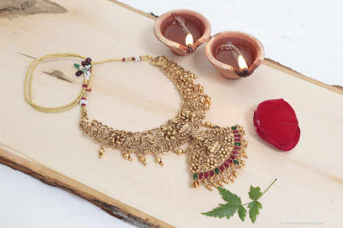 Double Lakshmi Pendant Choker With Intricate Floral Work With Matching Earrings