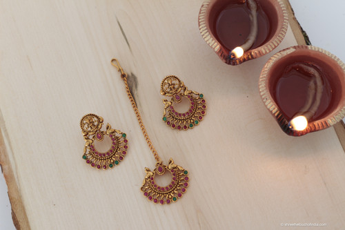 Red & Green Stone Goddess Lakshmi Waist Belt With Matching Earrings And Head Ornament