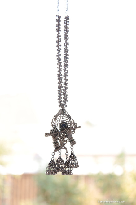 Traditional Brushed Silver Rajasthani Pendant Chain With A Peacock Feather And Flute
