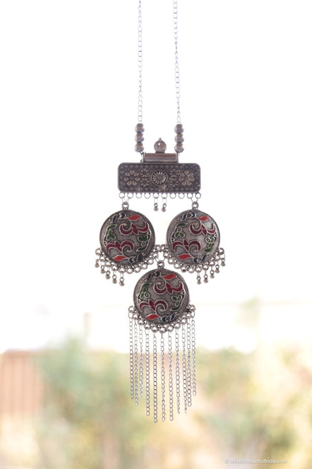 Traditional Antique Finished Rajasthani Pendant Chain With Three Floral Patterned Discs