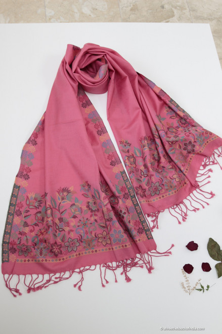 Rose Pashmina Stole with Multi-Colored Foral Patterns