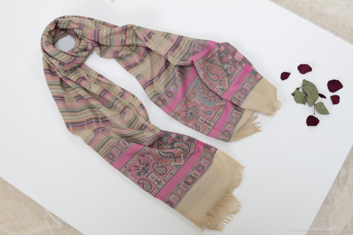 Light Mocha Pashmina Stole with Pink and Blue Weaves