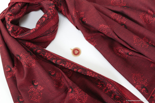 Pashmina Stole with Deep Red and Black Peacock Design