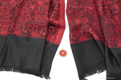 Pashmina Stole with Deep Red and Black Peacock Design