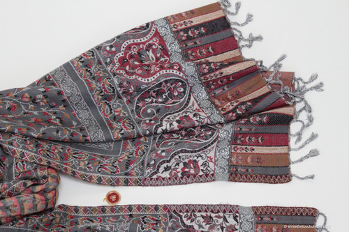 Grey Pashmina Stole with Turmeric, Red, and Black Patterns