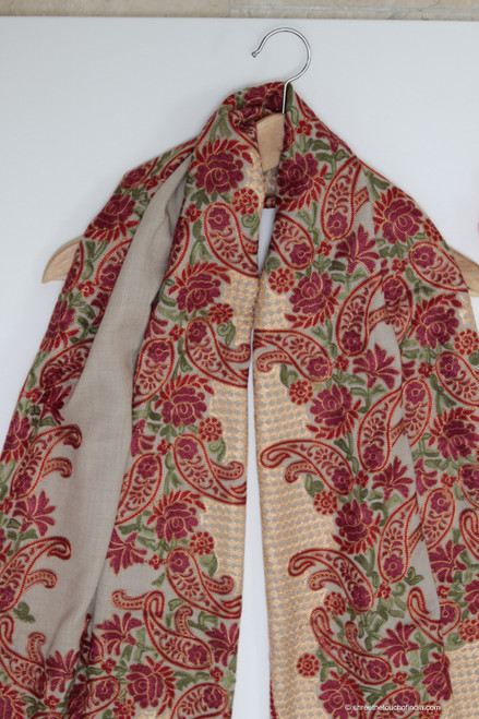 Pashmina Shawl with Green, Red and Gold Weaves on Mocha