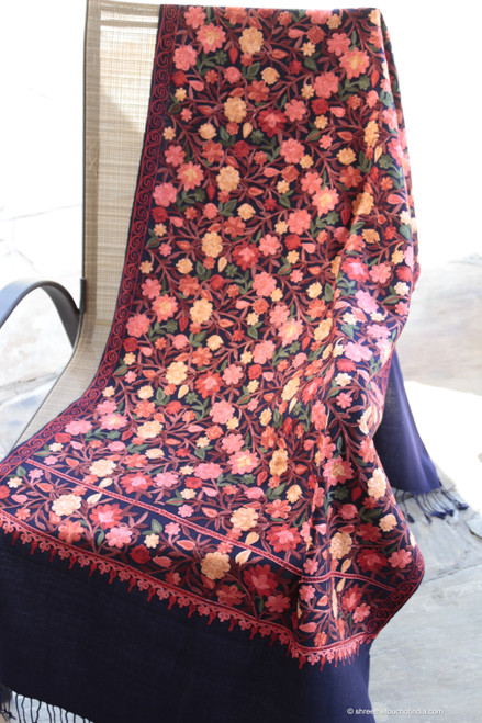 Pashmina Shawl with Multi-Colored Floral Design on Dark Blue