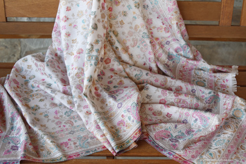 Offwhite  Shawl with Pink and Blue Full Body Intricate Weaves