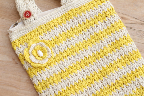 Elegant yellow and off white striped crochetted jute bag