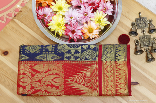 Red and dark blue Kanchipuram royal silk saree with full body golden zari patterns