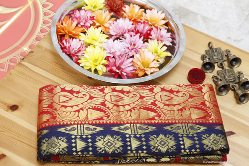 Red and dark blue Kanchipuram royal silk saree with full body golden zari patterns