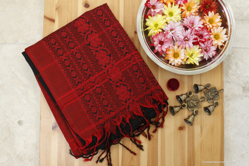 Black and red plush soft cotton saree with red flowery pallu
