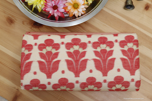 Red and white cotton Jamdani saree with red floral design