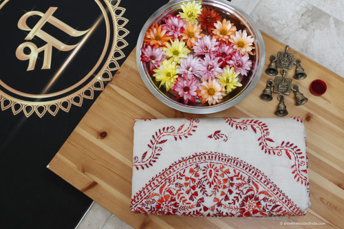 Orange and deep red embroidered kantha stitch silk saree on an off white base