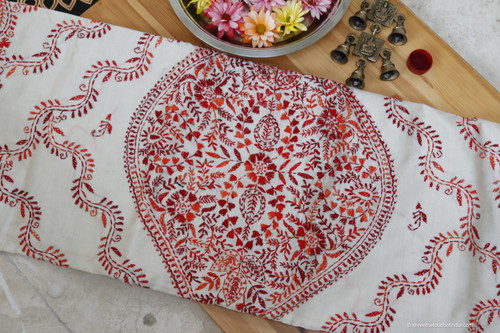 Orange and deep red embroidered kantha stitch silk saree on an off white base