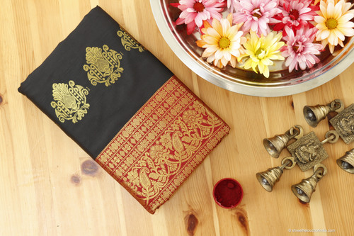 Royal black and red soft silk saree with eye-catching golden zari