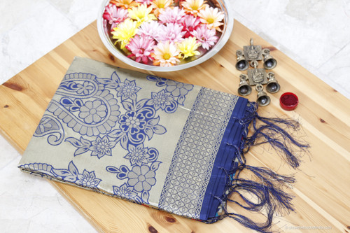 Red yellow and silver floral Pashmina raphsody with intricate silver zari and blue pallu