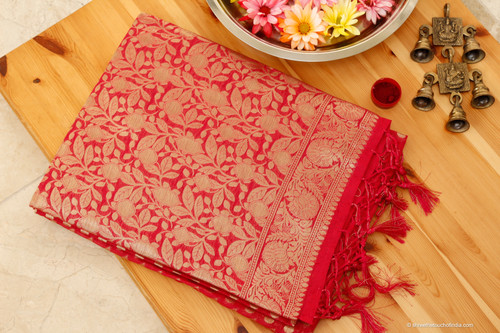Gorgeous red and golden silk saree with golden zari all over