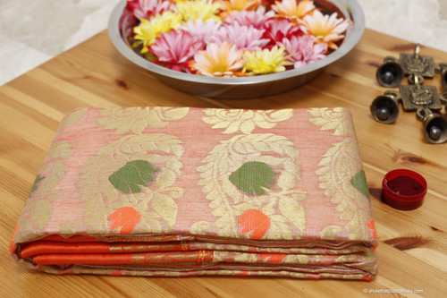 Off white with orange and green floral patterned Tussar Silk