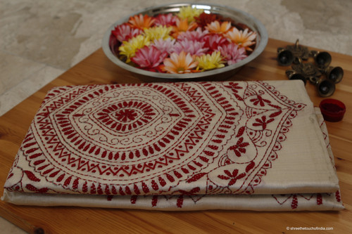 Deep red embroidered kantha stitch silk saree on an off white lustered base