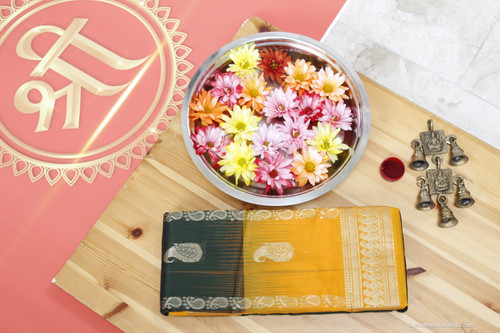 Exquisite black and mustard kanchipuram silk saree