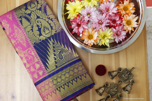 Exquisite pink and dark blue kanchipuram silk saree
