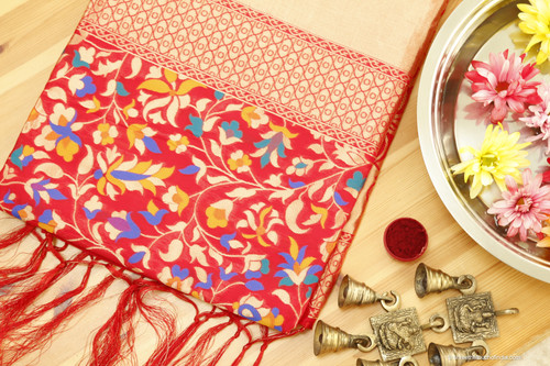 Golden, blue and mustard floral Pashmina raphsody on bright bold red with intricate golden zari