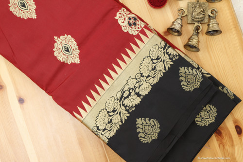 Eye-catching red black soft silk saree with golden zari