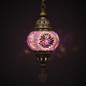 Turkish Mosaic Lantern Hanging Single Chain - 5"x23.5" - B2S - Purple
