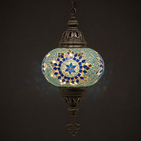Turkish Mosaic Lantern Hanging Single Chain B3S - 6"x24" - B3S - Turquoise